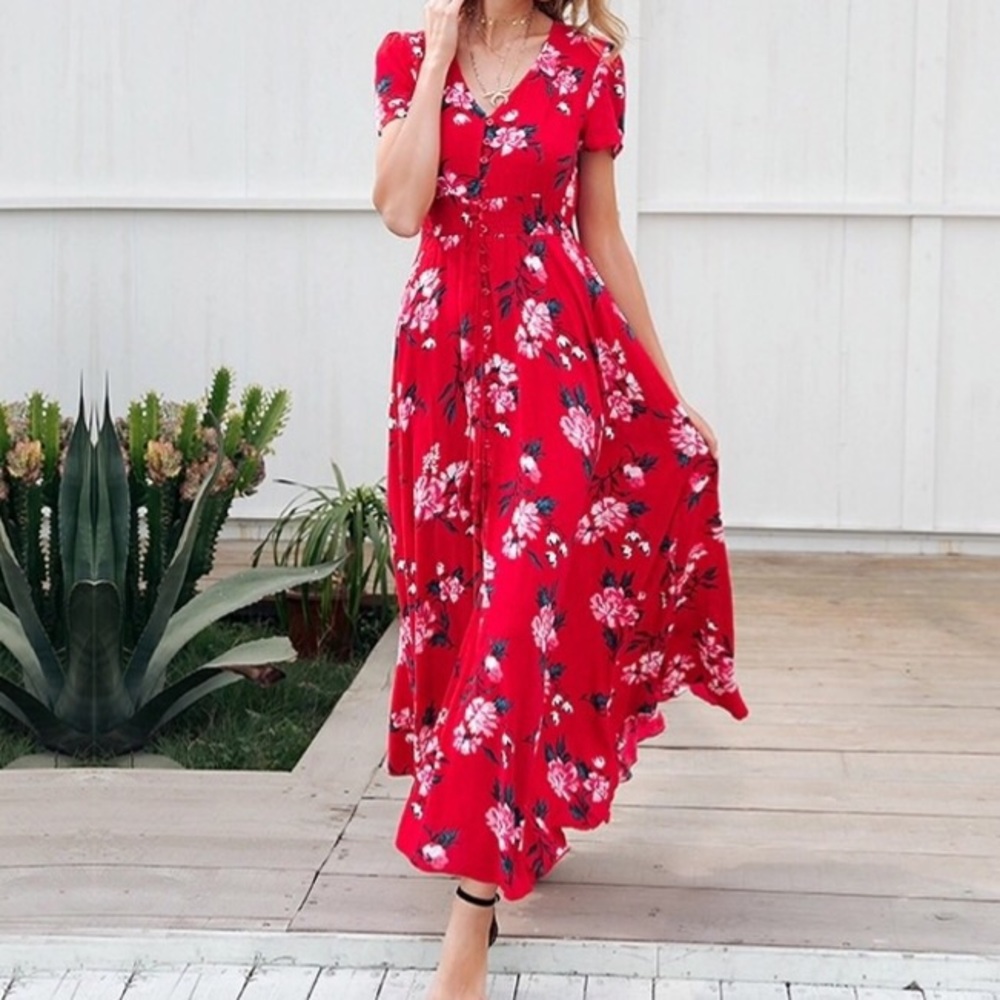 ‘Chiara’ Red Floral Boho Maxi Dress
